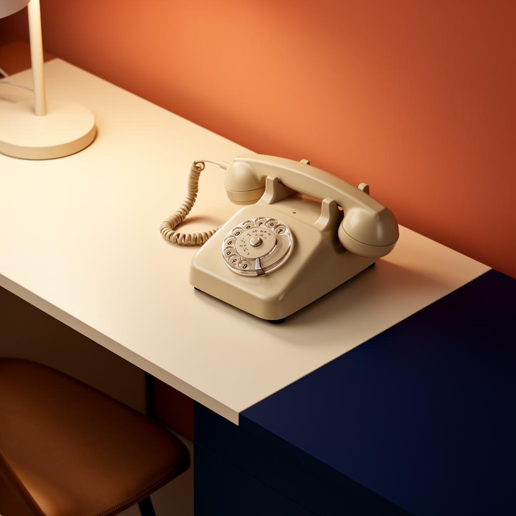 A vintage cream-colored telephone resting on a desk beside a terracotta wall